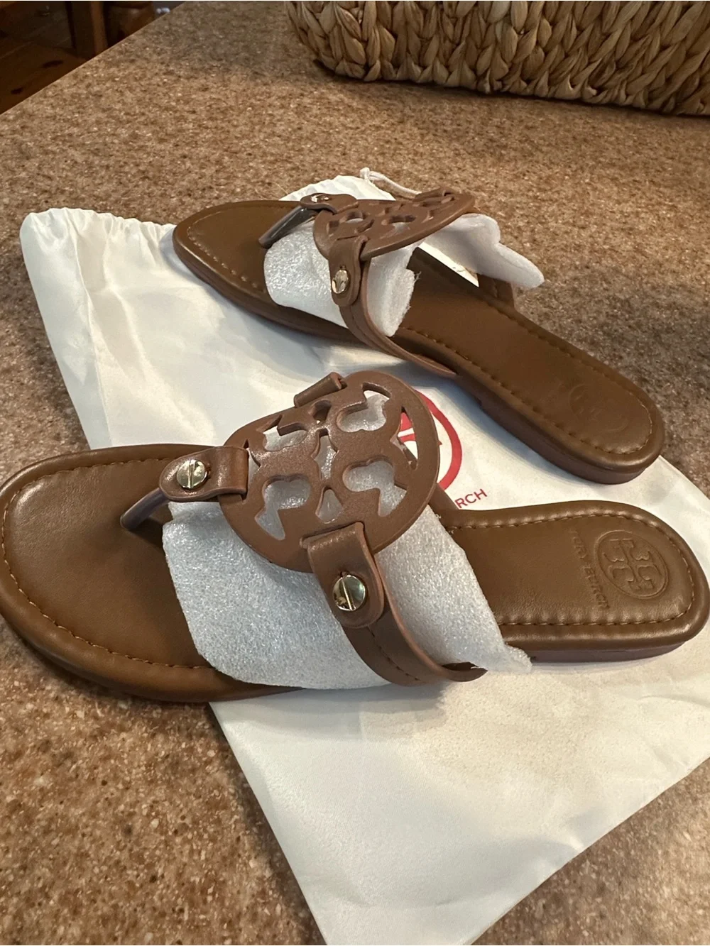 Women's Brown Logo Cutout Slide Sandals - Leather Slip-On